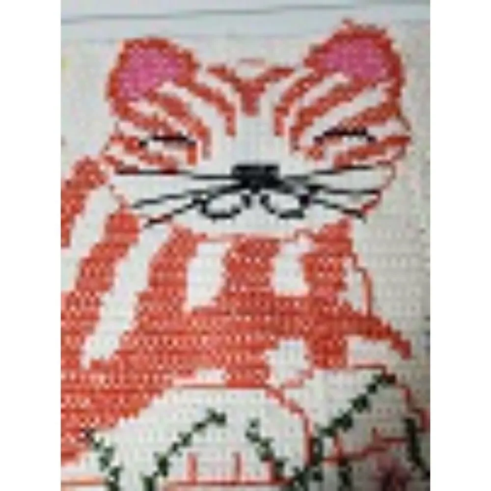 Handcrafted Cat & Bird Baby Wall Hanging | Vintage Crochet & Cross Stitch